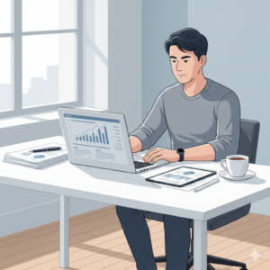 person reviewing credit score report on laptop with financial documents