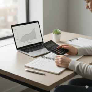 person creating a debt repayment plan using calculator and notebook