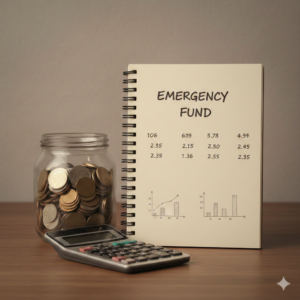 emergency fund savings with coins and calculator