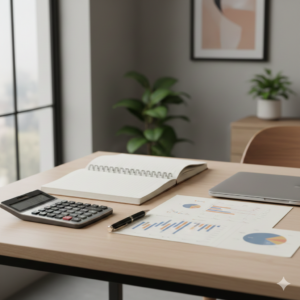 financial planning workspace with notebook calculator and laptop