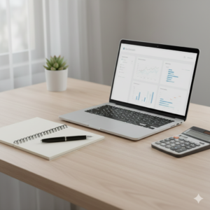 money management workspace with notebook and calculator