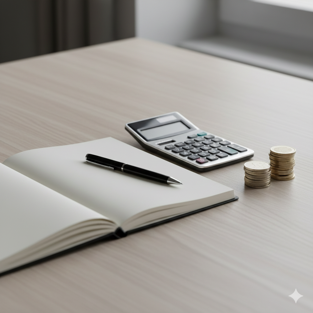 notebook, calculator, and coins representing personal financial planning