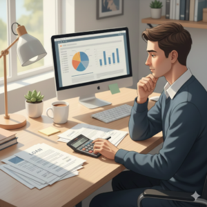 person reviewing loan documents with calculator showing smart borrowing habits