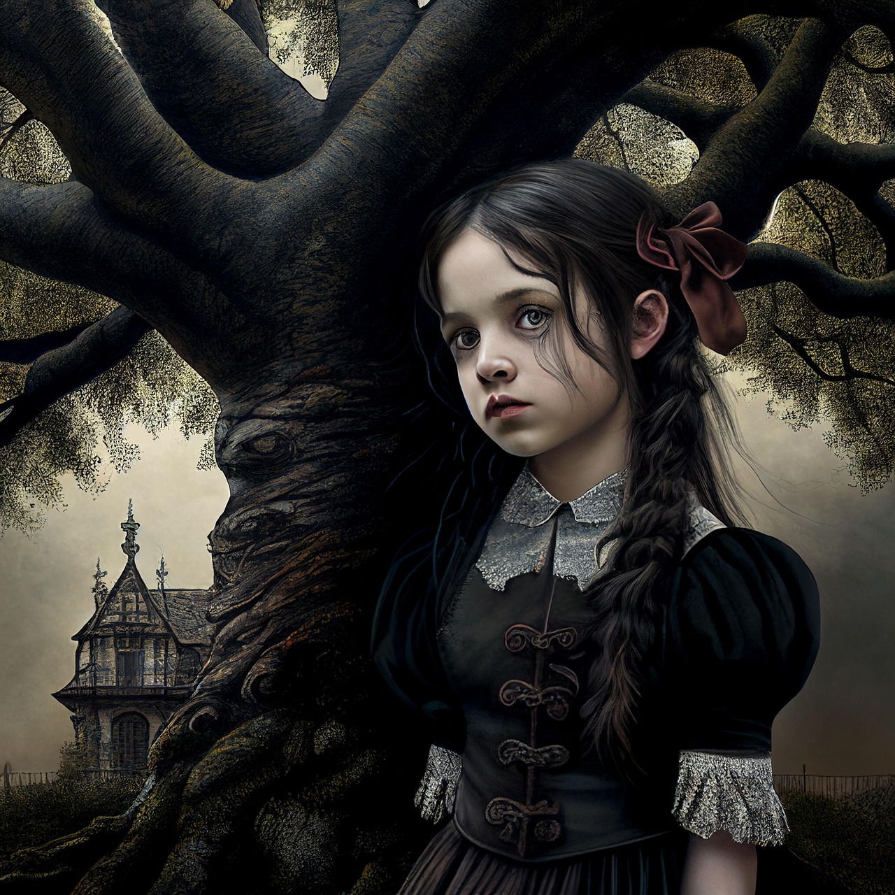 Wednesday Addams standing at Nevermore Academy with dark gothic atmosphere and mysterious expression from Netflix Wednesday series